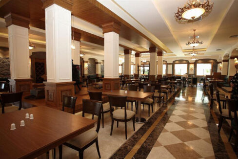 brown and beige checkered flooring in dining area