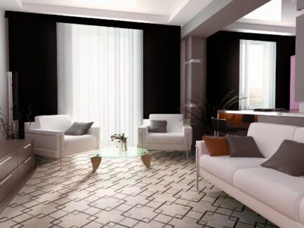 white tile floor with black square design with couch and chairs