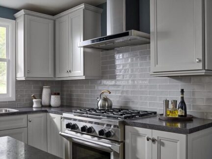 kitchen backsplash with white rectangular tiles over stove top with white cabinets