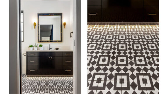 Bali inspired concrete tile bathroom flooring