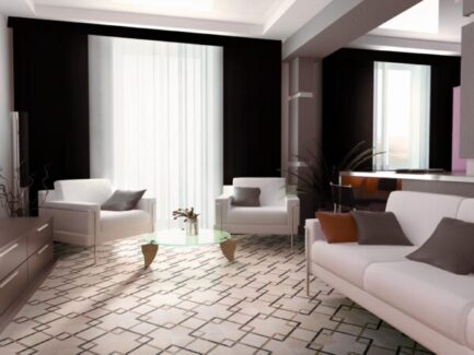white, black and gold square tiles in living room with white sofa and chairs