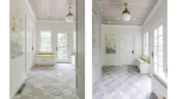 Bali inspired concrete tile in white bathroom