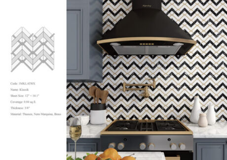 kitchen backsplash in Dulce gold, black and white pattern over stove