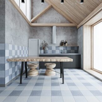 Marblesystems blue and white checkboard flooring in kitchen with wood table