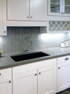 kitchen backsplash in vertical gray bricks