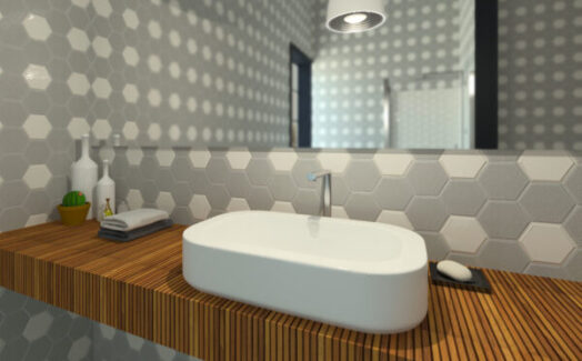 white bathroom sink with hexagon gray and white tiles and wood style countertops