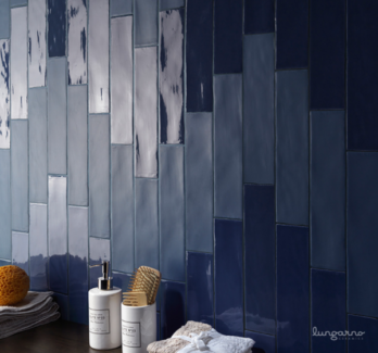 kitchen backsplash with blue rectangular vertical tiles