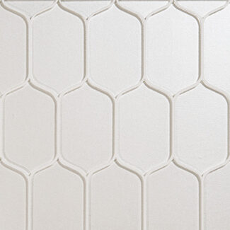 white glass tile in rounded hexagonal designs