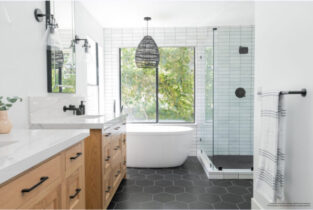 Bedrosian gray tile flooring with white tub and shower
