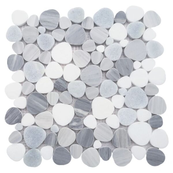 gray and white rounded mosaic stone style tiles