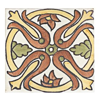 patterned tile with red and gold floral designs in circle with leaves