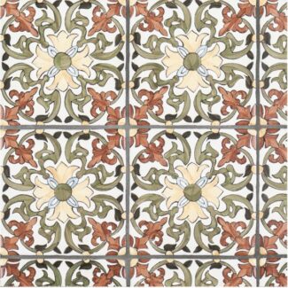 patterned tile with green, red and yellow floral florentine style design