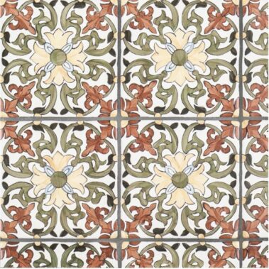 patterned tile with green, red and yellow floral florentine style design