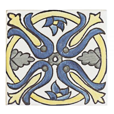 patterned tile with blue and yellow floral design in yellow circle