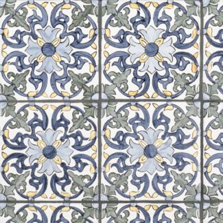 patterned tile with blue, yellow and gray floral florentine design