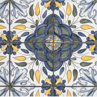 patterned tile with blue, gray and gold floral design