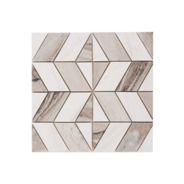 beige and white marble diamond tiles surrounded by mosaic zigzag patterned tiles