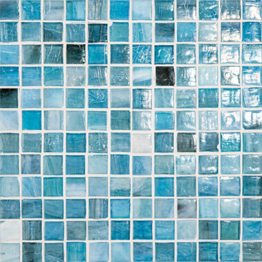 small square blue, white and turquoise glass tiles
