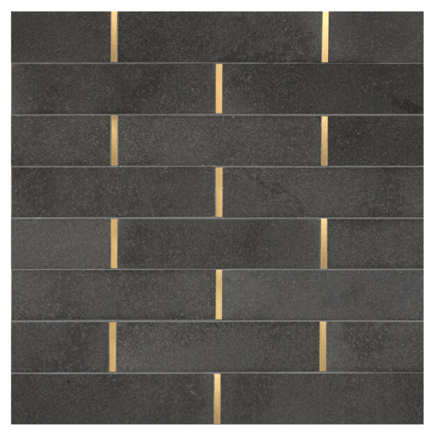 black rectangular mosaic tiles with gold separating tiles